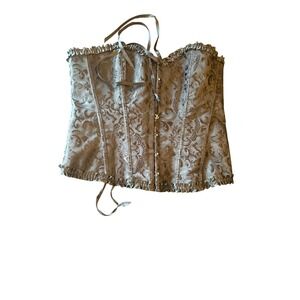Silver Brocade Overbust Corset Top With Lace-Up Back & Ruffled Trim